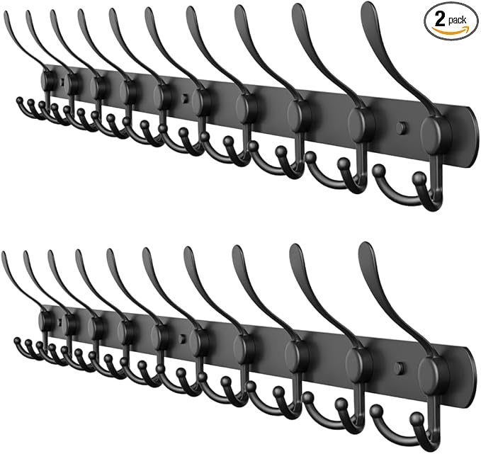 Coat Rack Wall Mount with 10 Tri Hooks, Stainless Steel 32 Inch – Black Matte Finish, Heavy Duty Wall Mounted Hook Rack for Coats, Hats, Towels, Scarfs, Robes, Bags, Entryway & Bathroom - 2 Pack