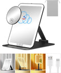 Gospire Travel Makeup Mirror with Lights and Magnification 10X, Portable Make Up Compact Tabletop with Adjustable Stand, 3 Colored Light Rechargeable Lighted LED Cosmetic Vanity- Black