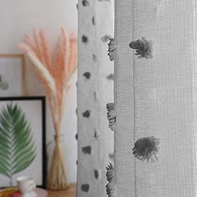 MYSKY HOME Pom Pom Grey Sheer Curtains for Bedroom Girls Room Curtains 108 Inches Long for Nursery Kids Light Filtering Boho Window Drapes, Rod Pocket, 38" Wide, 2 Panels