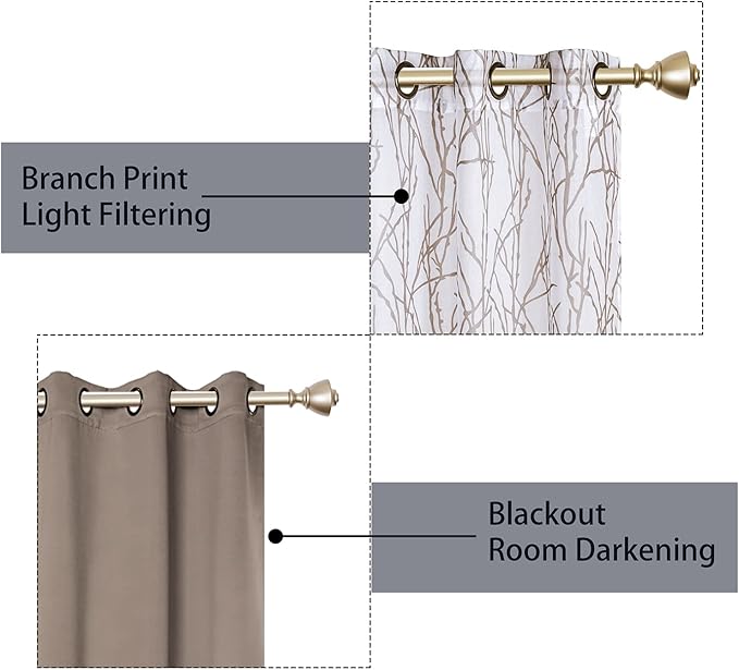 BONZER Mix and Match Curtains - 2 Pieces Branch Print Sheer Curtains and 2 Pieces Blackout Curtains for Bedroom Living Room Grommet Window Drapes, 54x84 Inch/Panel, Taupe, Set of 4 Panels