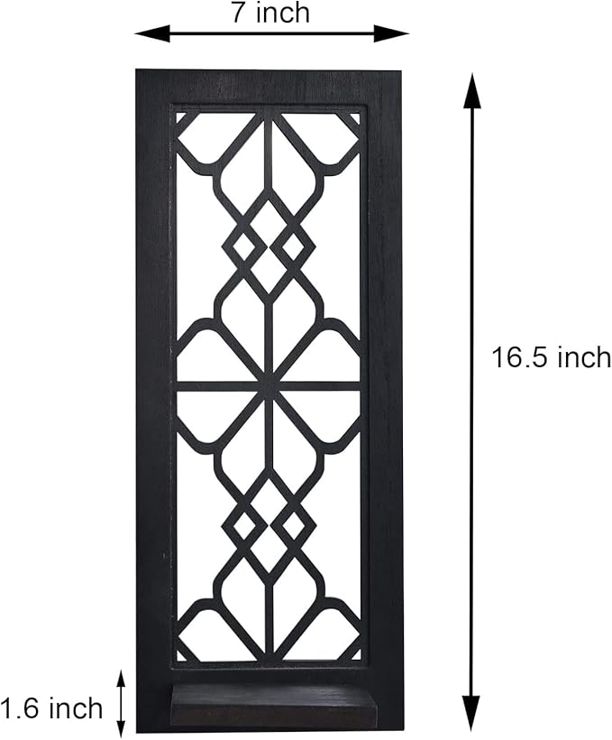 Wood Wall Sconce Candle Holder Set 2, Rustic, Wall-Mount, Farmhouse Hanging Wall Décor, Carved Wood Frame, Mirrored Candle Holder (Black)