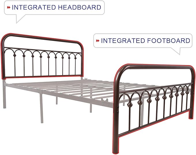 Metal Bed Frame Queen Size with Vintage Headboard and Footboard Platform Base Wrought Iron Double Bed Frame (Queen, Antique Brown)