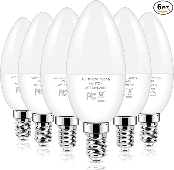 Brightever E12 LED Candelabra 40 Watt Equivalent Light Bulbs, 4W Warm White 2700K Ceiling Fan Bulbs, Chandelier Candle Lights for Wall Lanterns, Pendant Lights, Non-Dimmable, 6-Pack