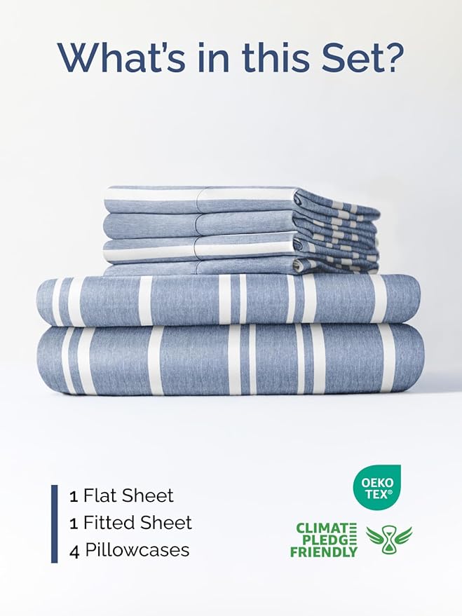 Extra Deep Queen Sheet Set - 6 Piece Breathable and Cooling Sheets - Hotel Luxury Bed Sheets Set - Easy Fit - Soft, Wrinkle Free and Comfy Sheets Set - Blue Striped Sheet Set with Extra Deep Pockets