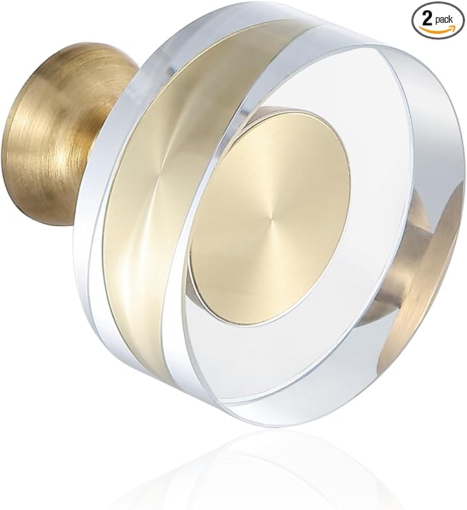 2-Pcs 1-1/4-Inch White Cabinet Glass Crystal Pumpkin knobs Brass Drawer Round Knobs Dresser Pulls, Gold Hardware Kitchen Closet knobs for Bifold Doors
