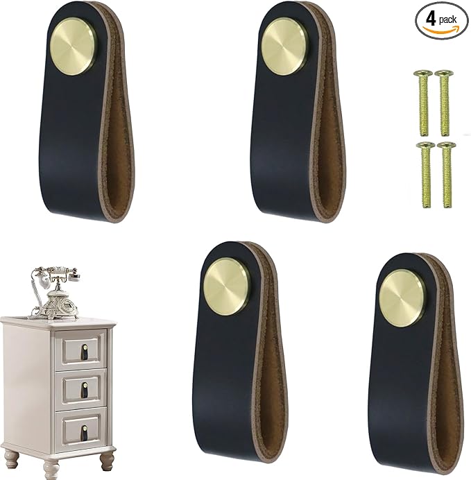 Leather Drawer Pulls and Knobs Soft Cabinet Handles Modern Cabinets Door Knob for Furniture Cupboards Wardrobe Dresser Decorative Handle with Screw 4 Pcs (Black)