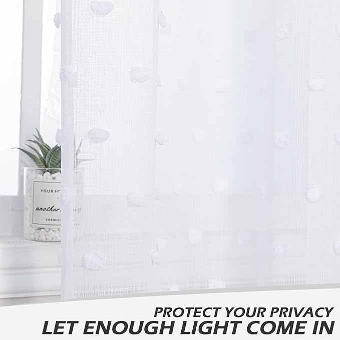 MYSKY HOME White Curtains for Living Room 90 Inch Length Long Pom Pom Curtains for Bedroom Sheer Curtain for Nursery Windows Rod Pocket Privacy Drapes Dining Room 52" x 90" 2 Panels