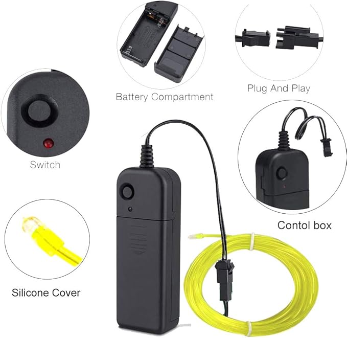MaxLax EL Wire Lemon Green, 32.8ft/10m Portable Battery Pack Neon Light Strip 360° Cuttable Glowing Rope Lights for Parties, Halloween, DIY Decoration