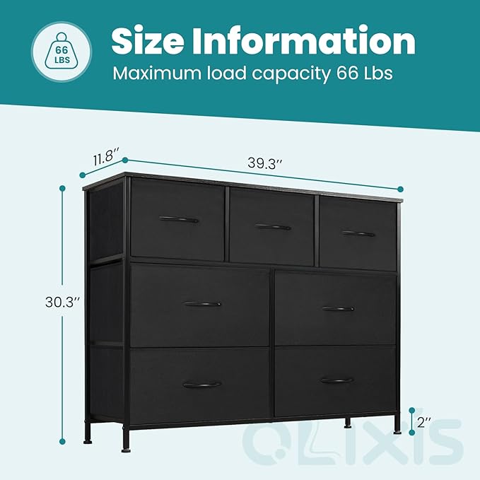OLIXIS 7 Drawers Dresser for Bedroom, Fabric Storage Tower for Living Room, Entryway - Sturdy Steel Frame, Wooden Top & Easy Pull Fabric Bins, Closet Chests Organizer for Clothes, Black
