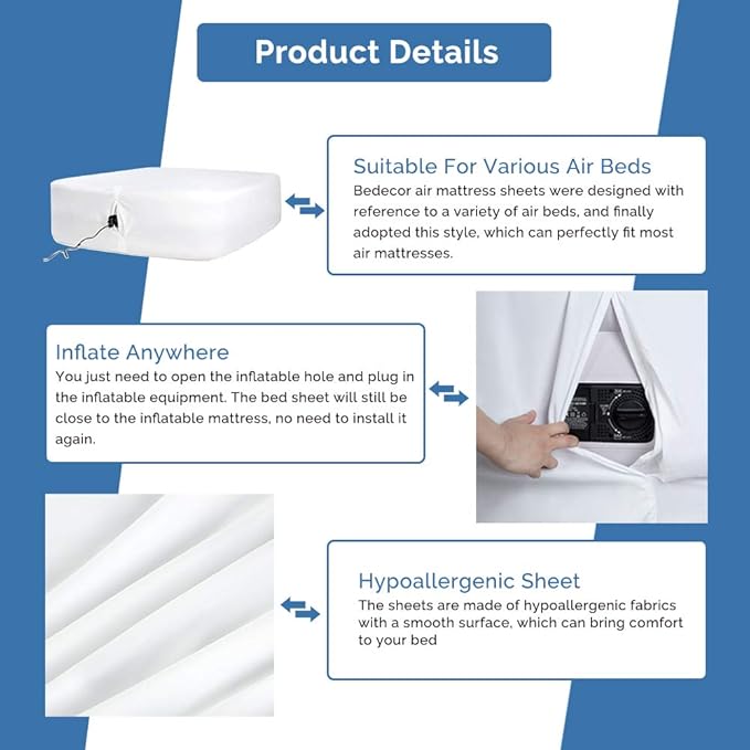 Bedecor Fitted Sheet for Air Mattress Inflate Without Disassembly Convenient & Firm Deep up to 21" White -King