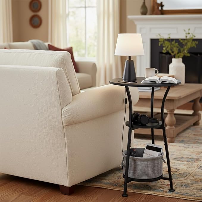 Dulcii Small Round End Table for Narrow and Small Space, 3-Tier Round Accent Couch Beside Table, Modern Side Table Corner Sofa Table Nightstand for Living Room Bedroom,Black