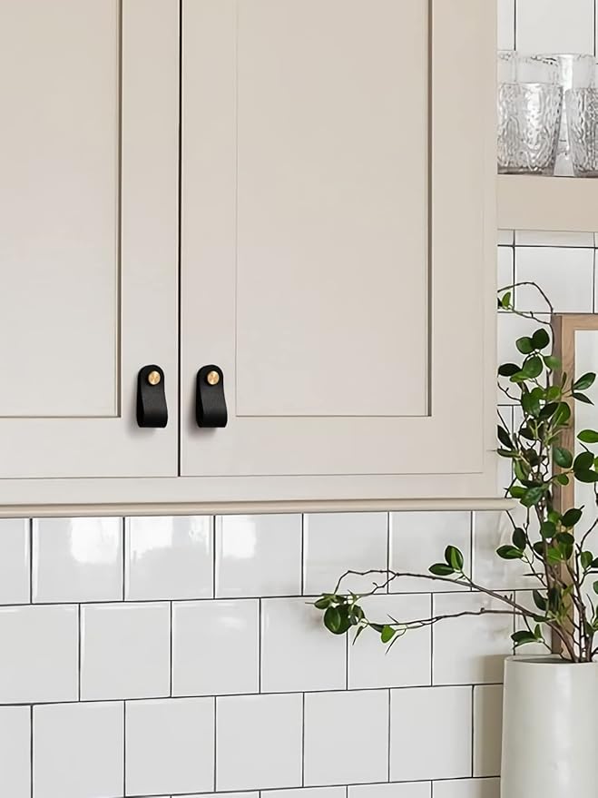 Black Leather Drawer Pulls 6 Pack New Leather Handles Cabinet knobs for Kitchen Cabinet Drawers Bathroom Dressers Furniture Handles