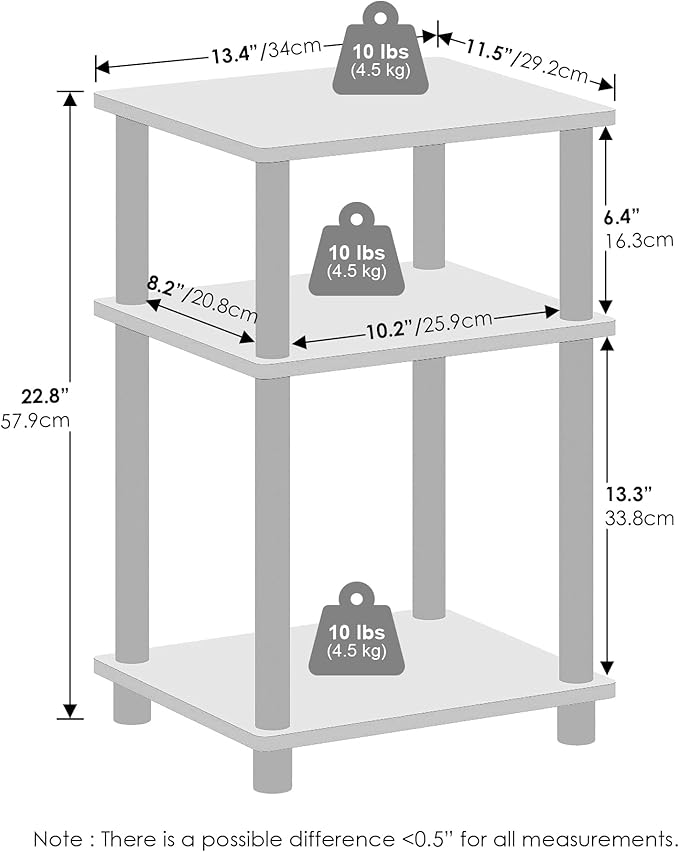 Furinno Just 3-Tier Turn-N-Tube Open Storage Nightstand, 1-Pack, Plastic Poles, Sonoma Oak/White