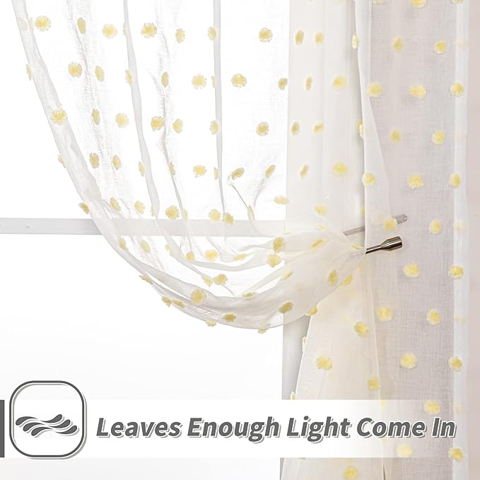 MYSKY HOME Yellow Pom Pom Curtains - 108 Inch Long Large Sheer Mustard Curtains for Living Room - Sliding Door Light Filtering Rod Pocket Window Panels - 52 x 108 inch - 2 Pieces