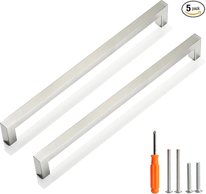 Cabinet Pulls Brushed Nickel Cabinet Handles Square Drawer Pulls, 5 Pack 10 Inch Stainless Steel Kitchen Door Cupboard Cabinet Handles, Cabinet Hardware Drawer Handles, 256mm Hole Centers