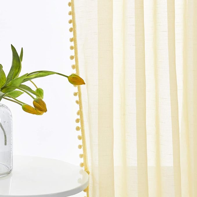 Treatmentex Sheer Curtains for Bedroom Children's Room Yellow 108 inches Long Linen Textured Window Drapes with Cute Pom Pom Tassle 2 Panels 52" w Rod Pocket Header