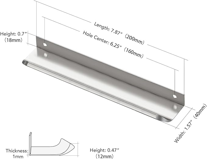 Ravinte Hardware 8 Pack Silver Cabinet Handles, 7.8 Inch (200mm) Finger Edge Pulls, 6-1/4 Inch Hole Center, Finger Pulls for Cabinets