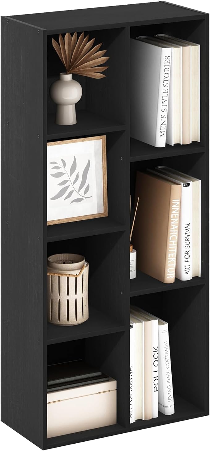 Furinno LUDER Book Shelf, 7-Cube Bookshelf, Bookcase, 9.4" x 19.5" x 41.7", for Living Room, Bedroom, Home Office, Blackwood