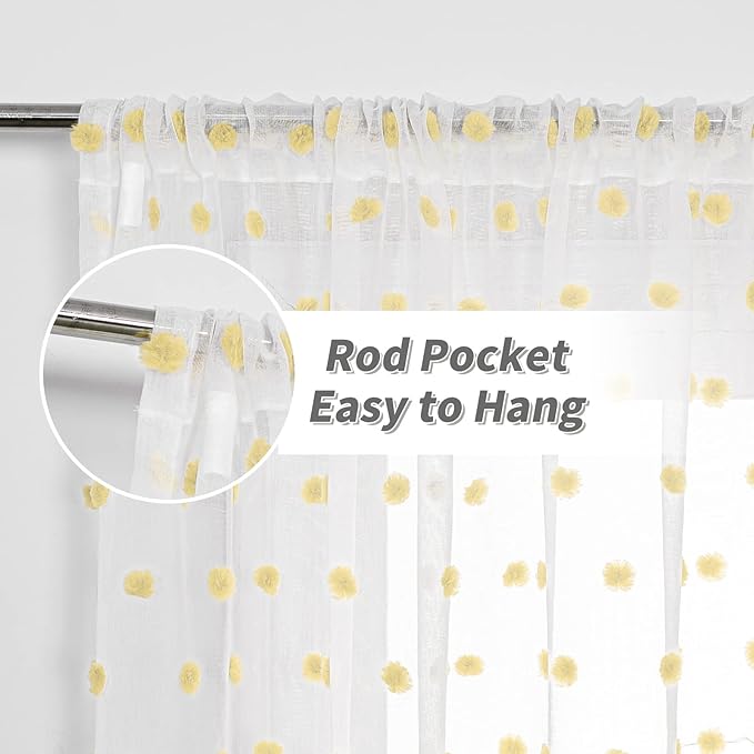 MYSKY HOME Short Curtains for Small Window - 45 Inch Long Pom Pom Sheer Curtains for Bedroom, Living Room, Kitchen, Nursery - Yellow Cafe Panels with Rod Pocket - 2 Sets Voile - 52 x 45 in