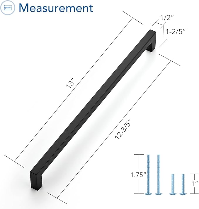 Ravinte 5 Pack Black Cabinet Pulls 12-3/5 Inch Square Cabinet Handles Matte Black Kitchen Hardware for Cabinet Drawer Pulls Come with Screwdriver
