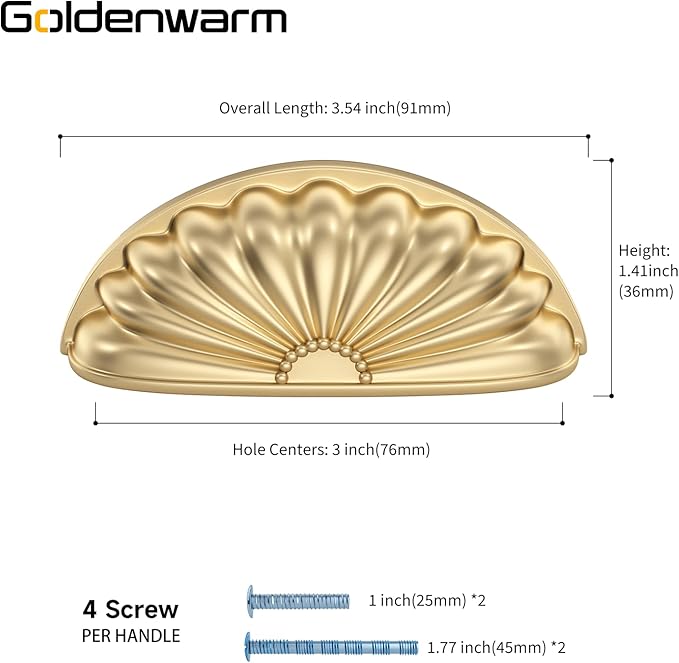 goldenwarm 6 Pack Gold Cabinet Handles Drawer Pulls Finger Edge Pull for Half Moon Cup Luxury Hardware 3" Hole Center Brushed Brass Knobs