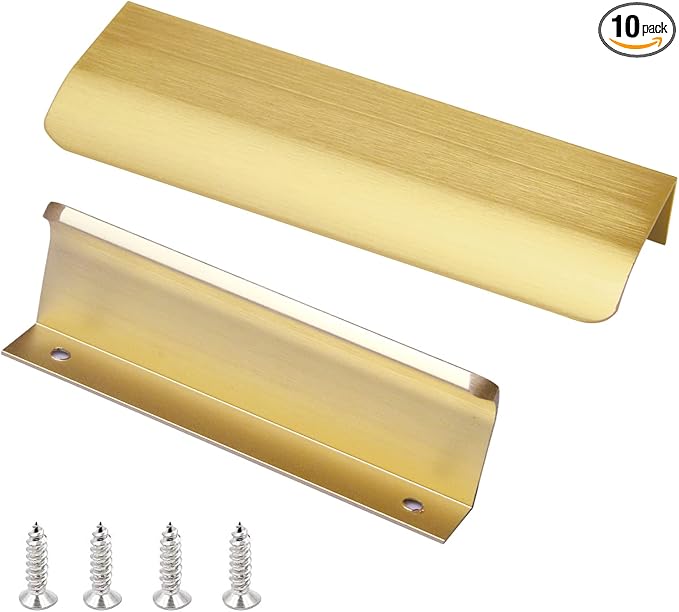 JOOJA 10 Pack Modern Style Finger Edge Pull Furniture DrawerHandles Hidden Cabinet Kitchen Drawer Handles Knobs, Brushed Brass 150(128) mm