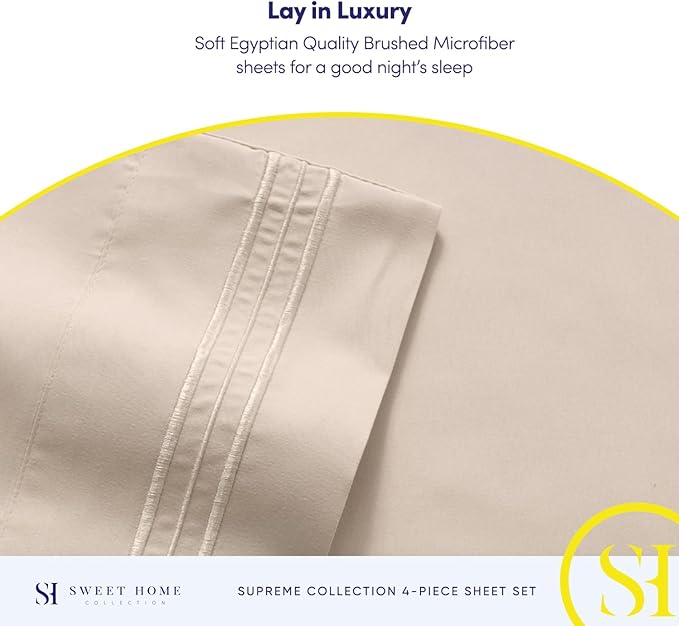 Queen Size Bed Sheets - Breathable Luxury Sheets with Full Elastic & Secure Corner Straps Built In - 1800 Supreme Collection Soft Deep Pocket Bedding, Sheet Set, EXTRA DEEP pocket - Queen, Beige