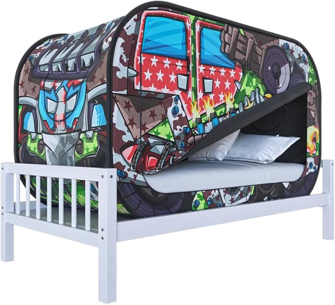 Skywin Kids Bed Tent Twin - Boys Fort for Kids - Pop Up Privacy Tent, Collapsible, Breathable, Light Reducing Pongee Bed Canopy for Warm and Cozy Night (Tank, Twin)