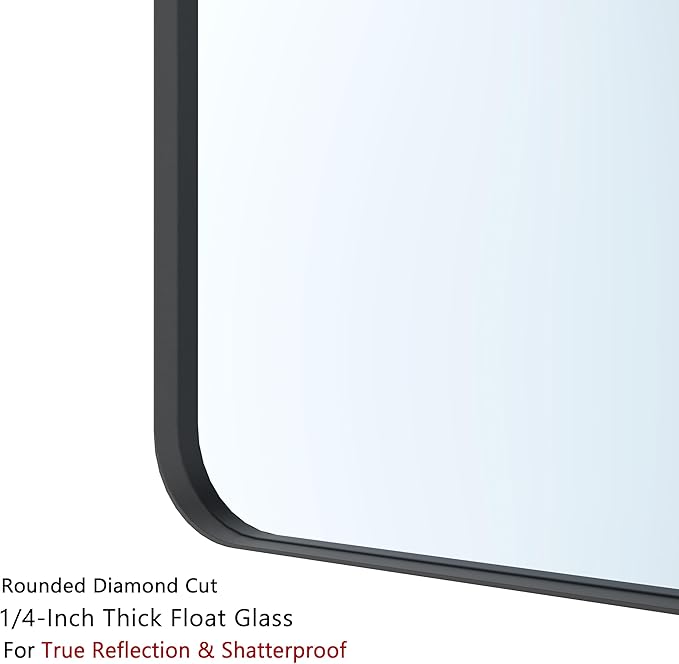 VocalStar 30 x 36 Inch Black Metal Framed Bathroom Mirror for Wall, Rounded Rectangle Metal Framed Bathroom Wall Vanity Mirror Farmhouse, 1/4-inch Shatterproof Glass | Ultra-Flush Hanging