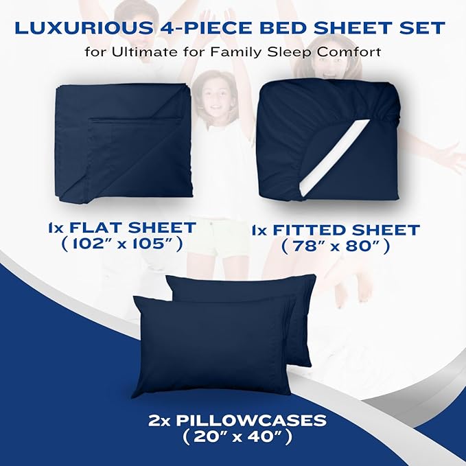 DREAMCARE Full Size Sheets – 4 pcs Cooling Sheets – up to 21” Deep Full Sheet Set – Hotel Luxury Sheets & Pillowcases – Superior Softness 100% Fine Microfiber with Side Pocket – Navy Blue