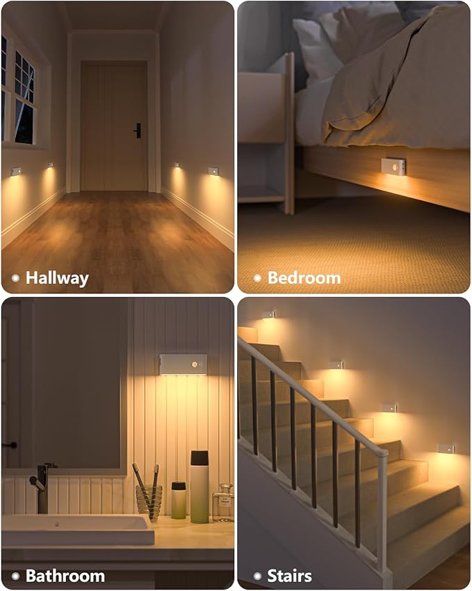 WILLED Motion Sensor Night Light, Rechargeable Stair Lights Indoor, Warm White Motion Sensor Light Indoor, Battery Operated Night Light for Hallway, Stairway, Bathroom, Bedroom, Kitchen, 6 Pack