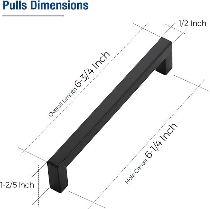 JOY DECOR 20 Pack Cabinet Handles, Black Cabinet Pulls, 6-1/4 Inch Kitchen Closet Handles Square Drawer Pulls Stainless Steel Drawer Hardware, 160mm Hole Centers