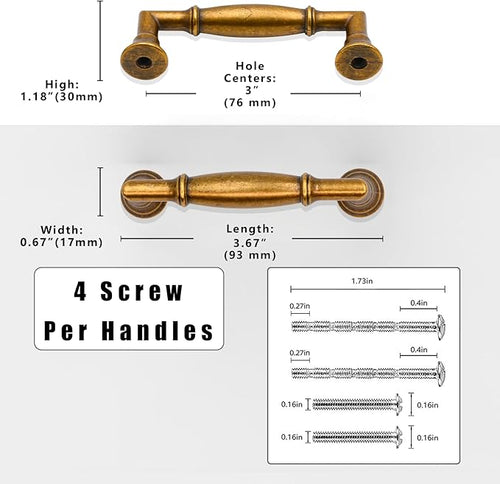 10 Pack Antique Brass Cabinet Pulls 3 Inch(76mm) Kitchen Cabinet Handles Solid Zinc Alloy Cabinet Hardware Drawer Pulls