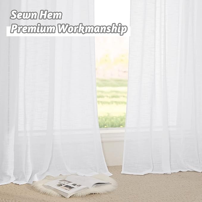 RYB HOME Linen Curtains Sheer - Half Privacy White Semi Sheer Drapes Light Airy for Bedroom Living Room Wedding Ceremony Study Office, 52 x 72 inch Long, 2 Pcs