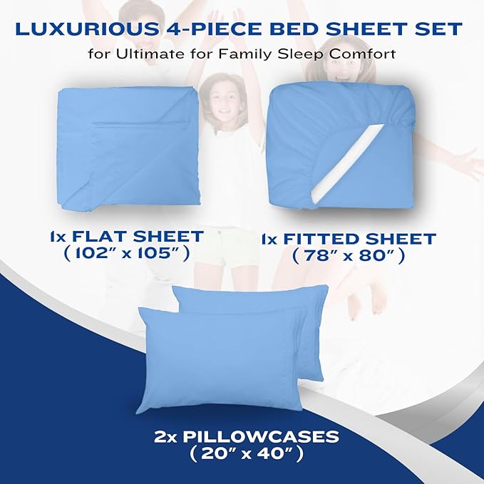 DREAMCARE Sheet Set - 4pcs Cooling Microfiber, Deep Pocket King, Hotel Luxury, Soft 100% Fine Microfiber with Side Pocket - Light Blue