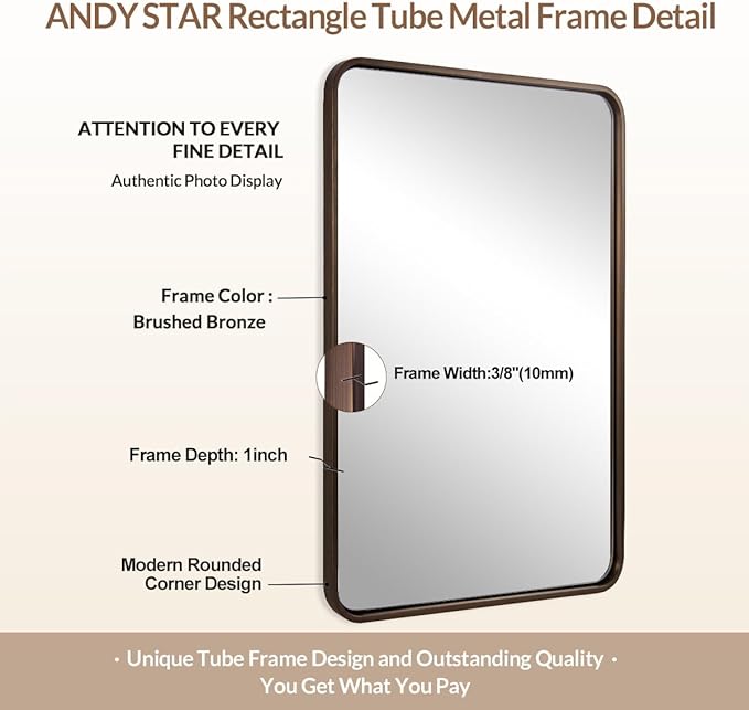 ANDY STAR 48x32 Inch Bronze Bathroom Mirror, Rounded Rectangle Oil Rubbed Bronze Mirrors for Bathroom,Tube Metal Framed, 1’’ Deep Wall Mounted Vertically/Horizontal