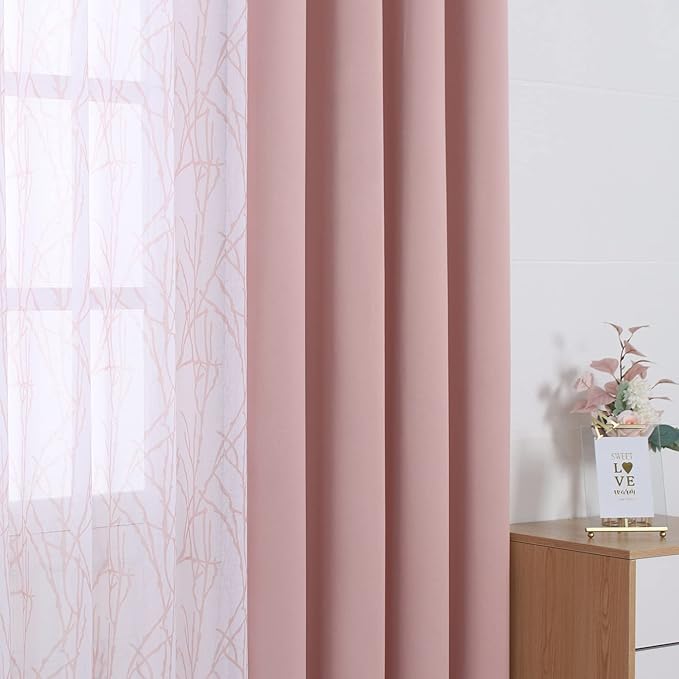 BONZER Mix and Match Curtains - 2 Pieces Branch Print Sheer Curtains and 2 Pieces Blackout Curtains for Bedroom Living Room Grommet Window Drapes, 54x84 Inch/Panel, Blush, Set of 4 Panels