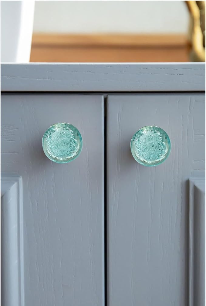Perilla Home Set of 6 Crystal Bubble Knobs - Modern Light Blue Decorative Bubble Glass Pulls - for Home Decor Drawers, Knobs, Kitchen, Cabinet, Hardware, Cupboard, Door, Dresser, Wardrobe and Drawer