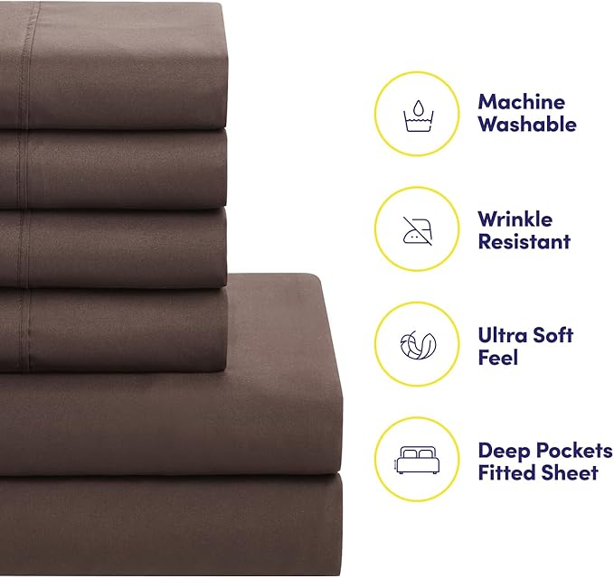 Sweet Home Collection 7 Piece Comforter Set Bag Solid Color All Season Soft Down Alternative Blanket & Luxurious Microfiber Bed Sheets, Brown, Queen