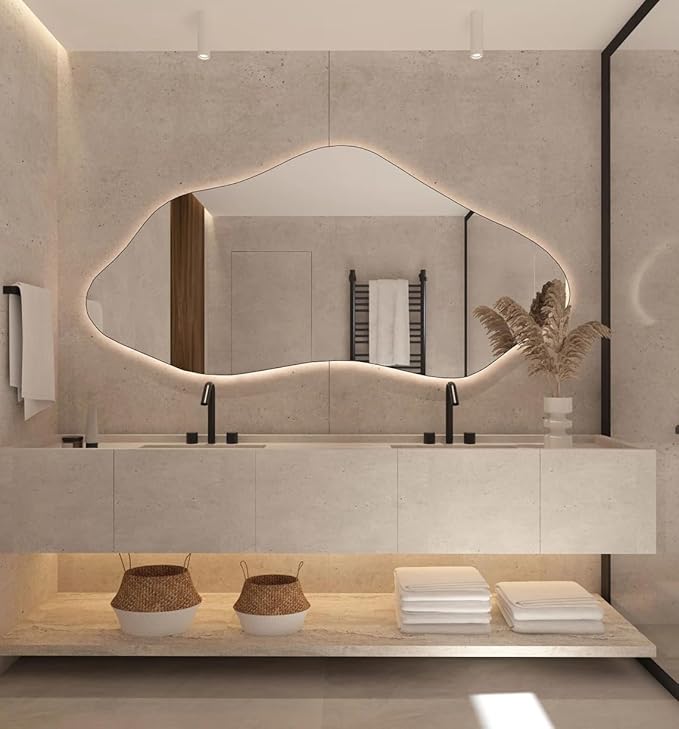 Asymmetrical Bathroom LED Mirror, Modern Irregular Shape Wall Mirror with LED Lights, Frameless Aesthetic Backlit LED Illimunated Vanity Mirror (50" x 25" inc)