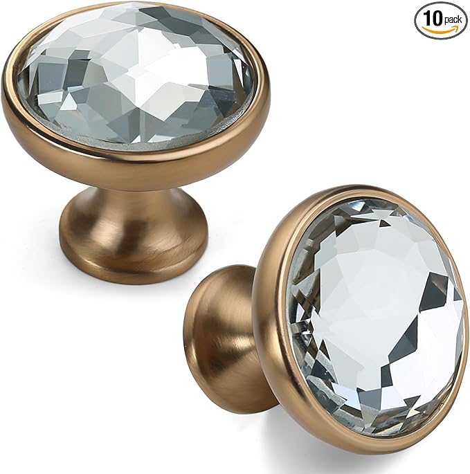 Asidrama 10 Pack Champagne Bronze Kitchen Cabinet Knobs - Clear Crystal Dresser Knobs for Dresser Drawers
