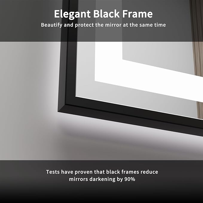 LED Bathroom Mirror, 60x40 Inch Black Framed Gradient Front and Backlit Bathroom Mirror with LED Lights, 3 Colors Dimmable CRI>90, IP54 Enhanced Anti-Fog Wall Mounted Backlit Mirror