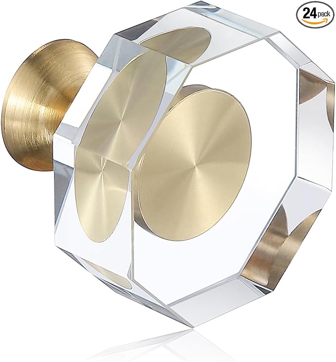 24-Pack 1-1/4-Inch Gold knob Dresser knobs White Cabinet Glass Crystal knobs Brass Drawer Polygonal Dresser Pulls, Drawer pulls