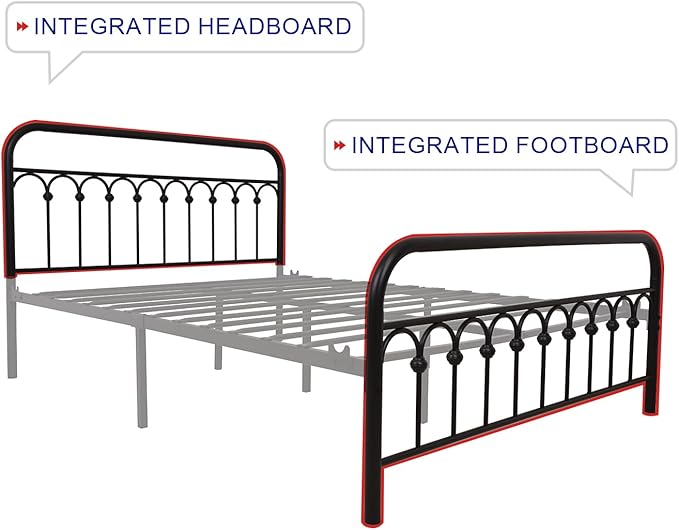TUSEER Metal Bed Frame Queen Size with Vintage Headboard and Footboard Platform Base Wrought Iron Bed Frame (Queen,Black)