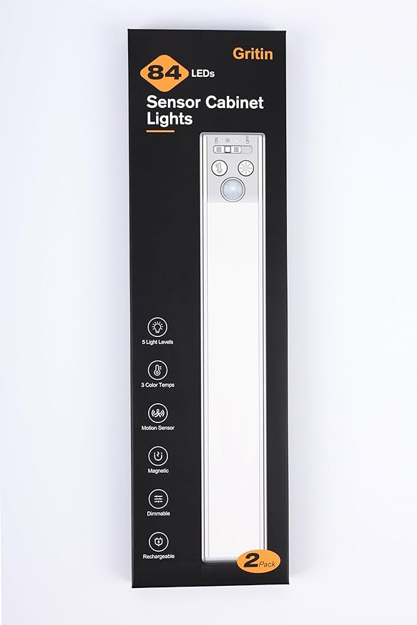 Gritin 10.2inch Under Cabinet Lighting Rechargeable -84 LED Super Bright,3-Color& 5 Level Brightness,4 Modes,Motion Sensor, Long Lasting- Easy Installation Magnetic Closet Lights -2 Pack-Gold