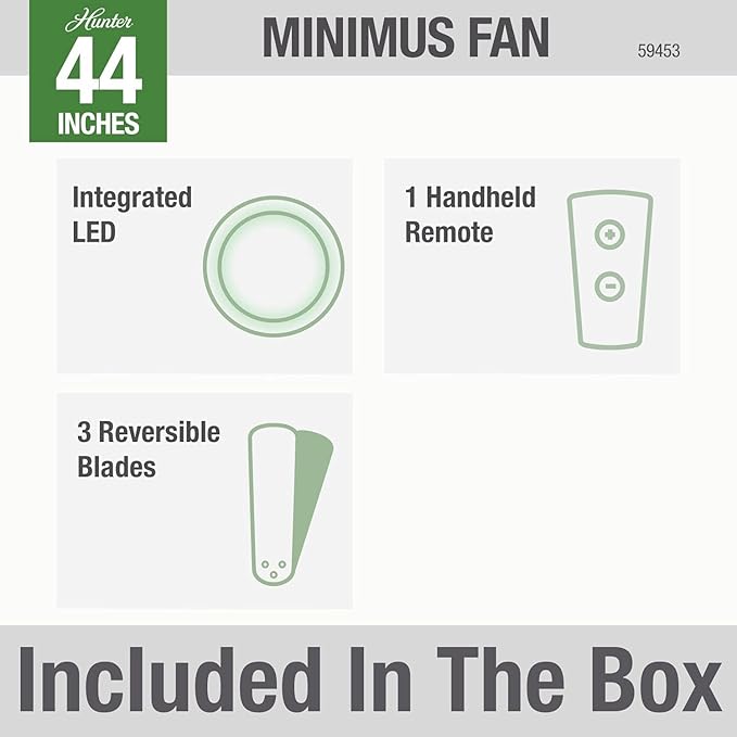 Hunter 44 inch Indoor Ceiling Fan with Light and Remote Control - For Bedroom or Living Room, Low Profile Mount, Black Modern Ceiling Fan with LED Light, Quiet, 3 Blades - Minimus 59453, Matte Black