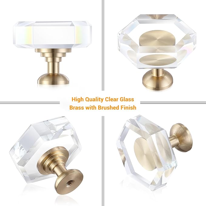 12-Pack Brass Base Crystal Drawer Knobs,Glass Crystal Gold Cabinet Knobs,1-5/16-Inch Hexagon,Kitchen Hardware Pulls, Modern Bathroom Hardware knob