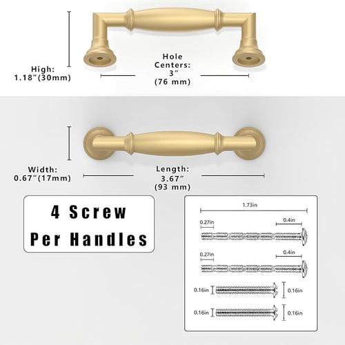 10 Pack Brushed Gold Cabinet Pulls 3 Inch(76mm) Kitchen Cabinet Handles Solid Zinc Alloy Cabinet Hardware Drawer Pulls