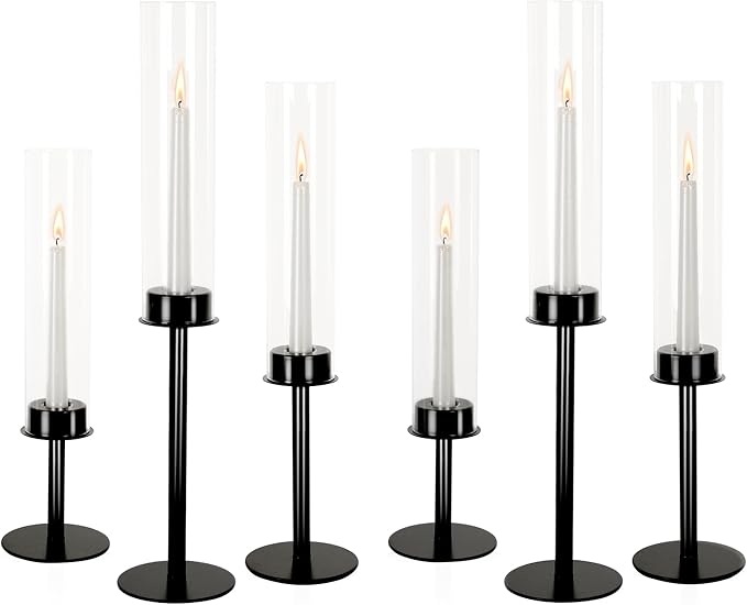 Hurricane Candle Holders Set of 6 Metal Candlestick Holder for Glass Taper Tall Candle Holders with Crystal Chimney Tube Candles Stands for Home Decor, Christmas, Dinning (6, Black)