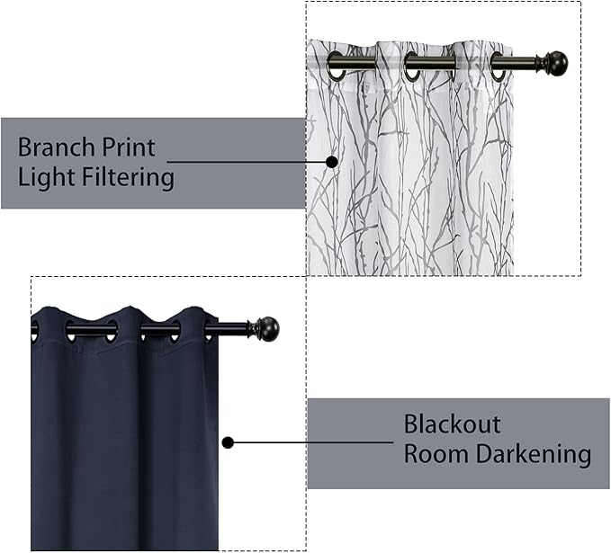 BONZER Mix and Match Curtains - 2 Pieces Branch Print Sheer Curtains and 2 Pieces Blackout Curtains for Bedroom Living Room Grommet Window Drapes, 54x63 Inch/Panel, Grey Dark, Set of 4 Panels